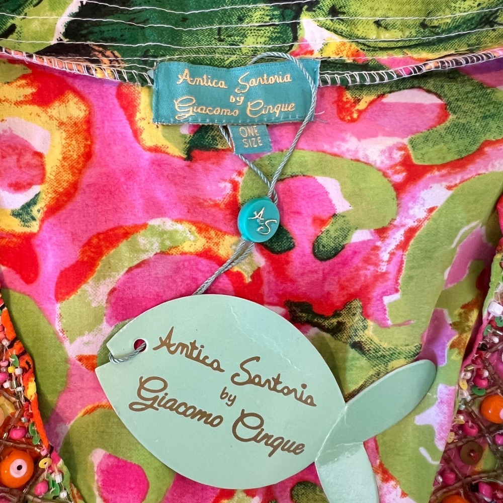 Antica Sartoria Beaded Tassel Kaftan Dress Pink Green OS Vacation Resort NEW - Picture 15 of 16